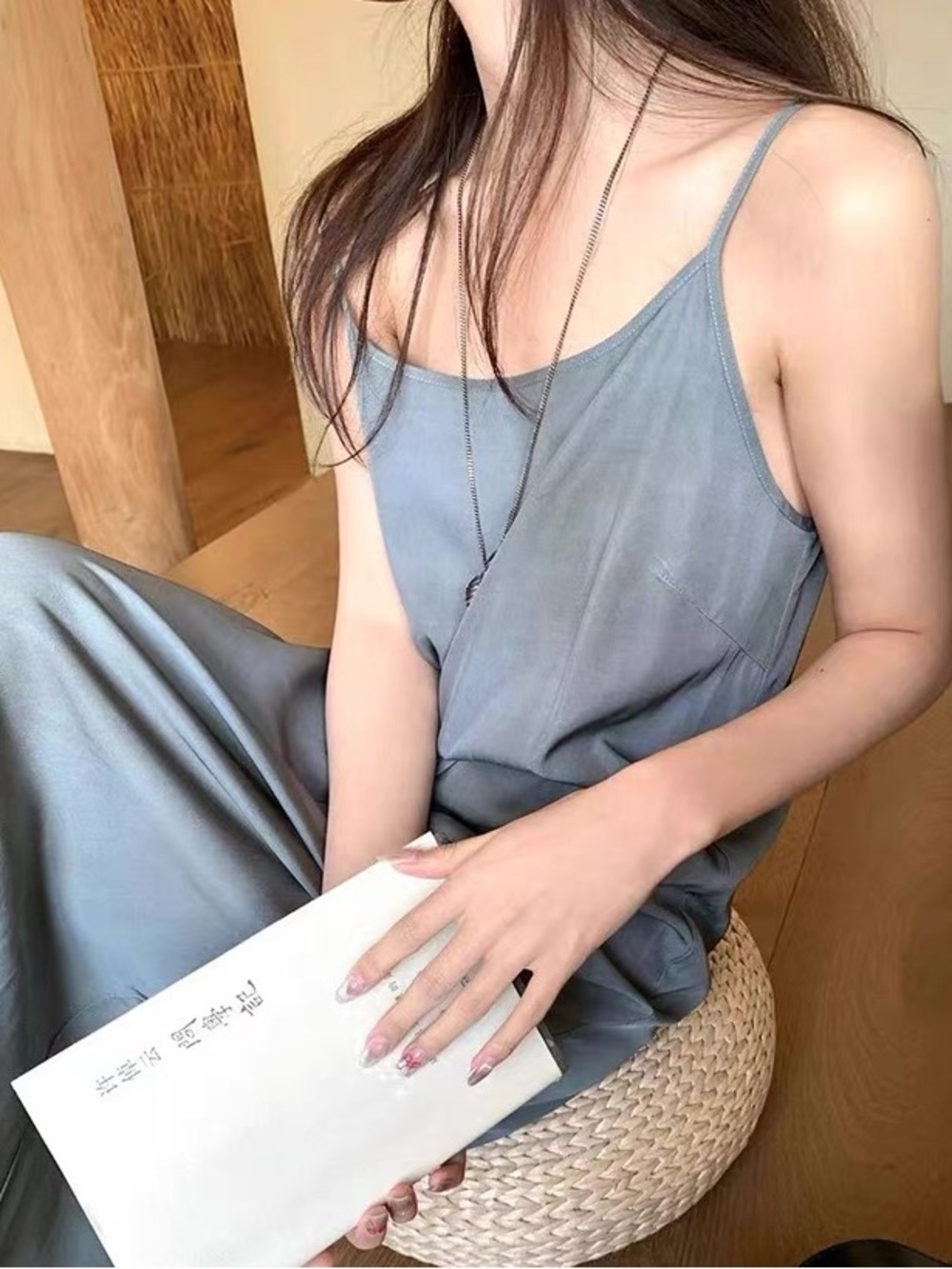 Watercolor Effect Blue-Grey Slip Midi Dress with Adjustable Spaghetti Straps
